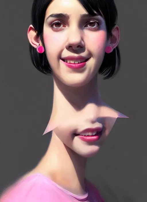 Image similar to portrait of teenage girl, realistic, black hair, bangs, half updo hairstyle, pointy nose, skinny, smile, ugly, defined jawline, big chin, pink hair bow, earrings, intricate, elegant, glowing lights, highly detailed, digital painting, artstation, sharp focus, illustration, art by wlop, mars ravelo and greg rutkowski