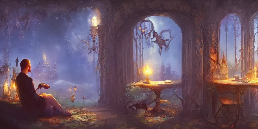 Image similar to lonely aristocrat examining the mysteries of tarot cards, magical atmosphere in the background,, fantasy art, matte painting, high quality, digital painting, artwork by tony sart