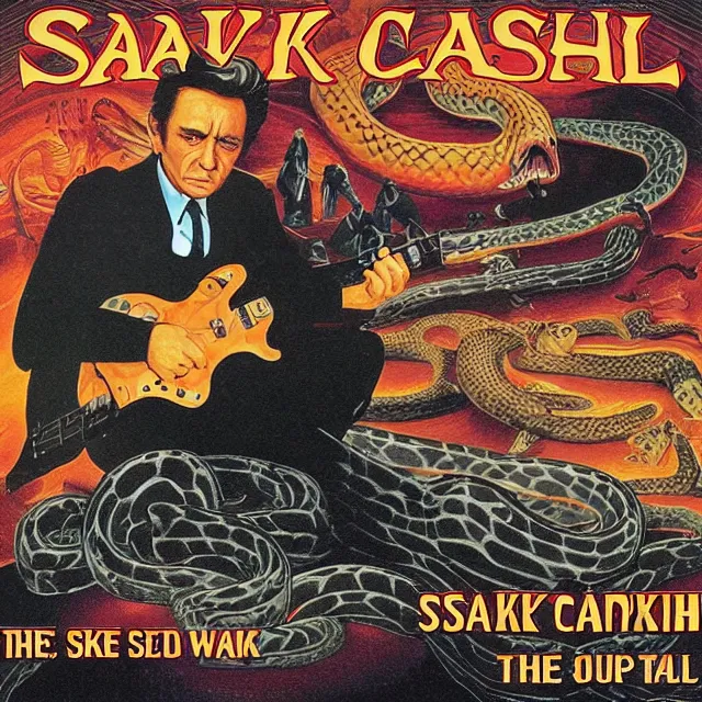 Image similar to album cover for Johnny Cash: The Snake Oil Tapes, album art by Ron Walotsky, snake oil album, snakes, quack medicine, no text, sometimes there's a dream