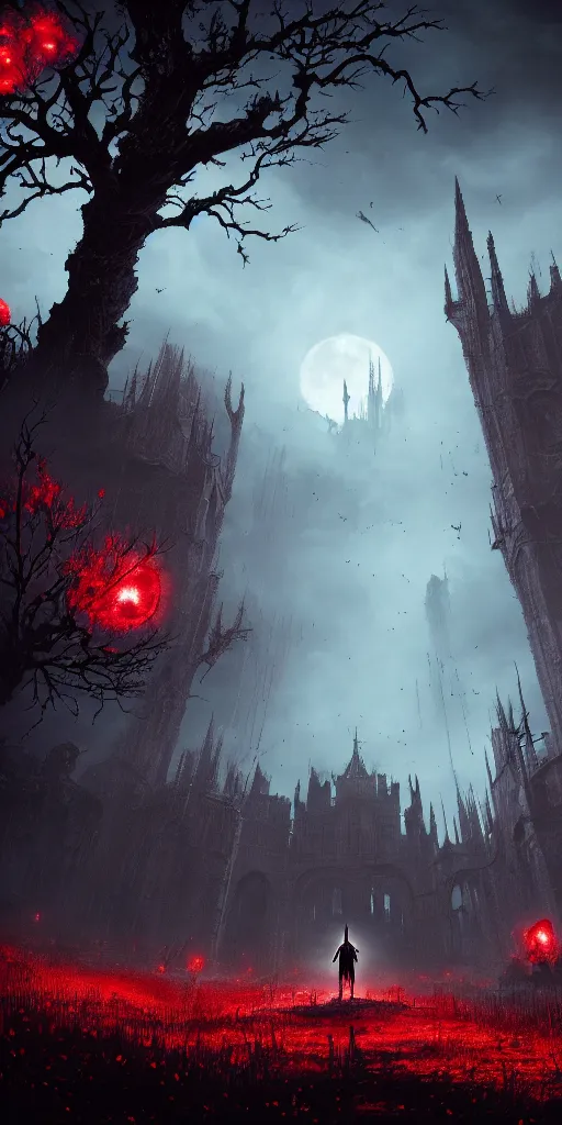 Image similar to abandoned bloodborne old valley with a person at the centre and a ruined gothic city at the end, trees and stars in the background, falling red petals, epic red - orange moonlight, perfect lightning, wallpaper illustration by niko delort and kentaro miura, 4 k, ultra realistic