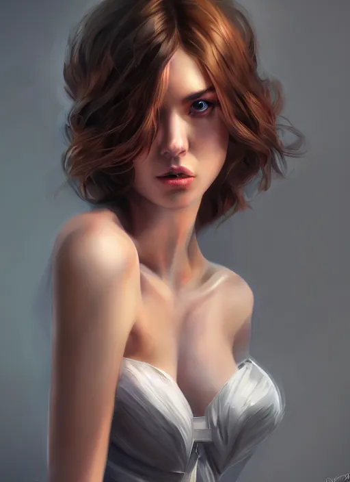 Image similar to beautiful fashion goddness, strapless dress, character portrait in the style of thomas river and artgerm, wlop, cinematic lighting, hyperdetailed, 8 k realistic, symmetrical, global illumination, radiant light, halo, love and mercy, frostbite 3 engine, cryengine, dof, trending on artstation, digital art, chanel