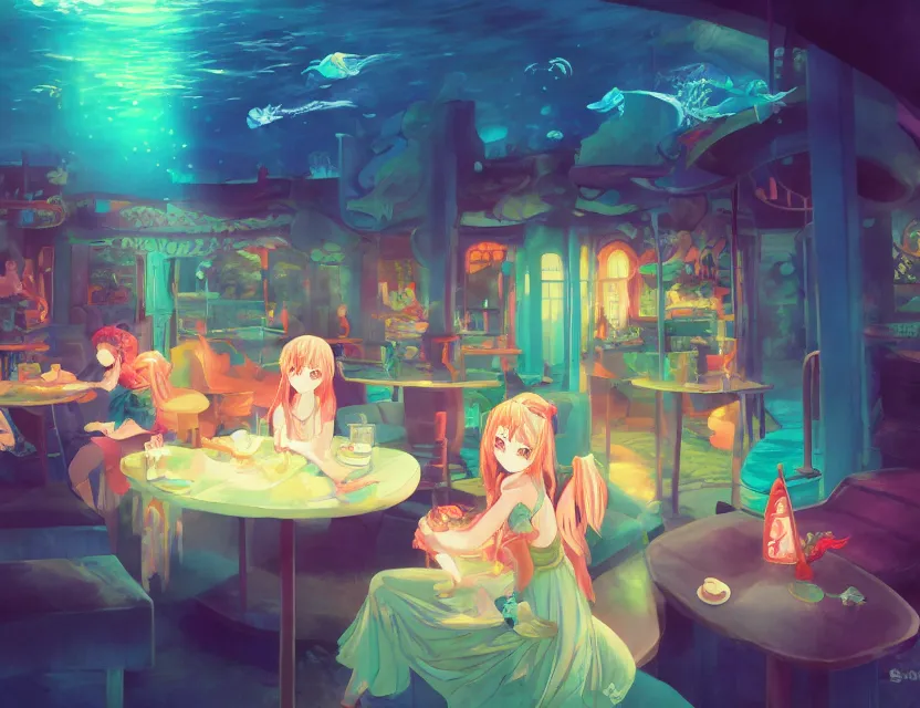 Prompt: mahoushoujo in an underwater cafe. complementary colors, gouache, indie concept art, bloom, chiaroscuro, backlighting, intricate details.