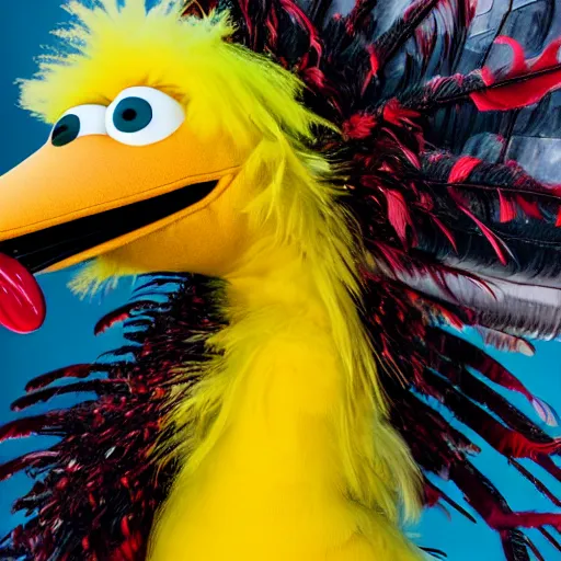 Image similar to portrait of big bird flying majestically into a jet engine, correct face, bloody jet engine, guts and feathers everywhere, uhd hyperdetailed photo by annie leibowitz 5 0 mm lens