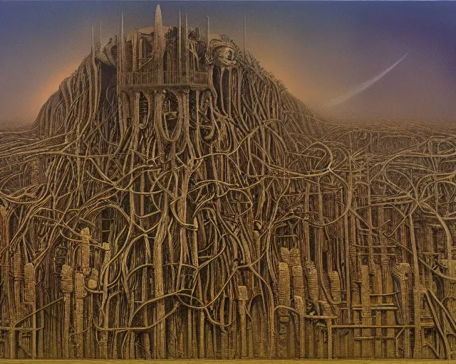 Image similar to evil factory of dreams, a highly detailed intricate painting by H.R. Giger and Zdzisław Beksiński