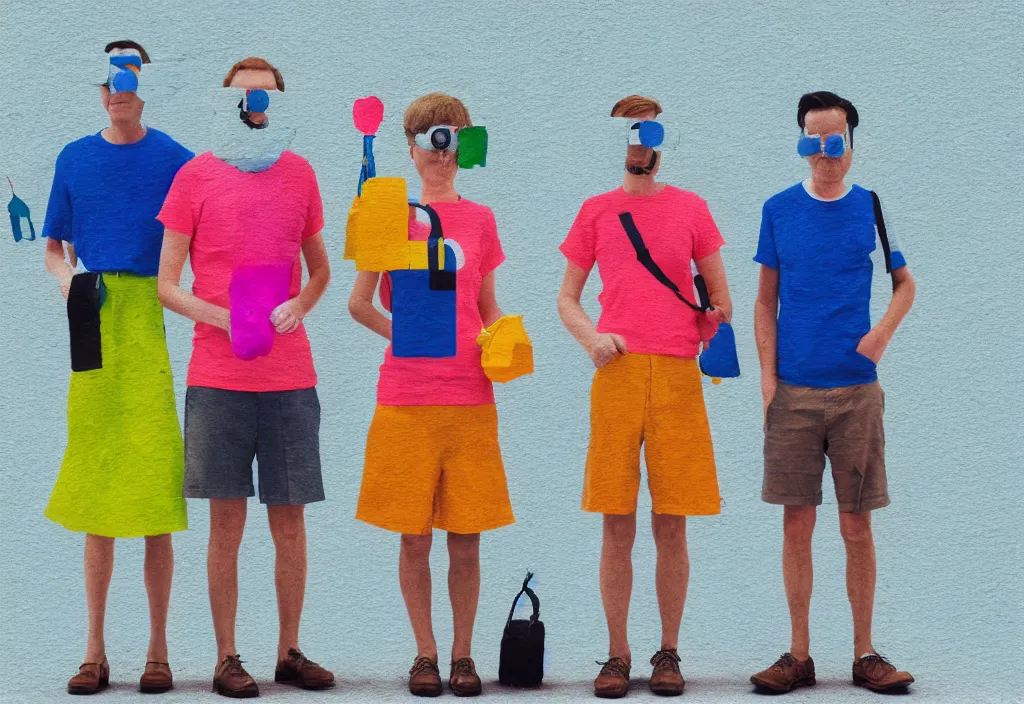 Image similar to full body portrait of a trio of european tourists with nikon cameras, character designs painting, in the style of wes anderson, rene magritte, lola dupre, david hockney, isolated on white background, dark monochrome neon spraypaint accents volumetric octane render