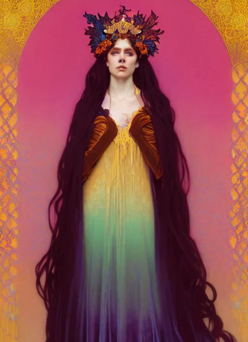 Image similar to ombre velvet gown, feathers, vivid colors, lovely dark autumn princess, portrait, long hair, tiara, jeweled choker, by alphonse mucha, brom, greg rutkowski, anato finnstark, global illumination, radiant light