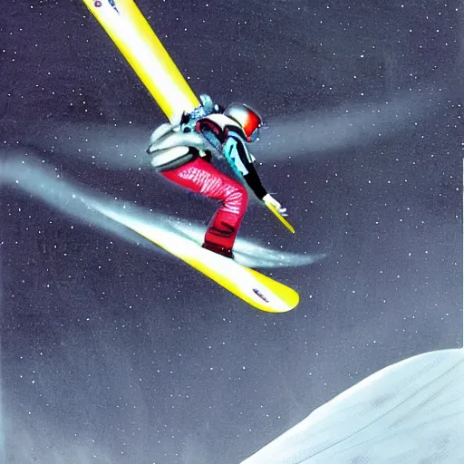 Image similar to snowboarder racing down a slope with a jet engine attached, scifi, futuristic, redline