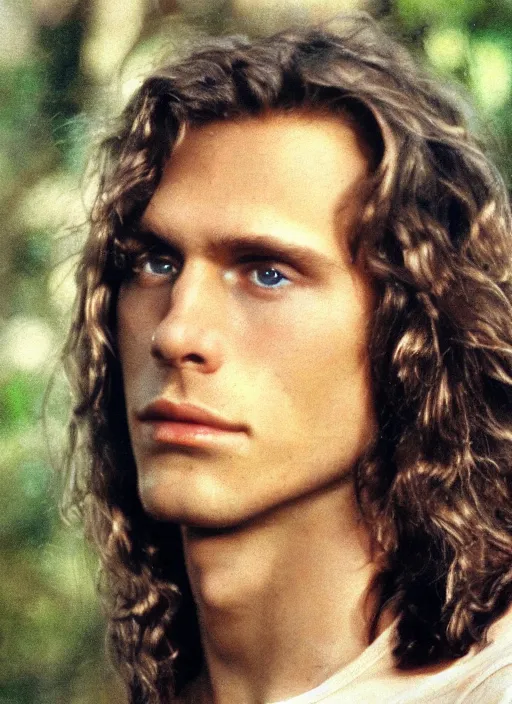 Image similar to a very skinny young Tarzan close-up portrait of young white male, with long straight slicked back brown hair shoulder length