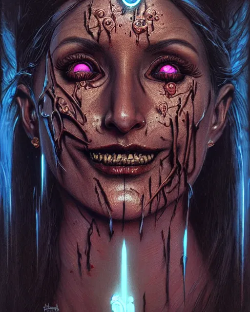 Image similar to symmetra from overwatch, character portrait, portrait, close up, concept art, intricate details, highly detailed, horror poster, horror, vintage horror art, realistic, terrifying, in the style of michael whelan, beksinski, and gustave dore