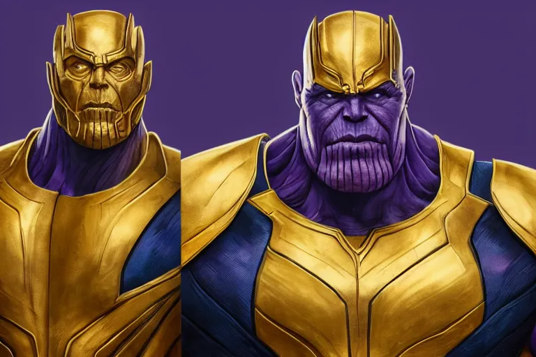 Prompt: Thanos wearing blue and gold armor grimacing, trending on Artstation, highly detailed, hyper realistic, vibrant colors, HD wallpaper, 4k, photorealistic, digital art