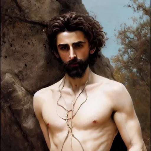 Image similar to detailed realistic cinematic wide shot of beautiful attractive muscular timothee chalamet black beard white hair military clothes slim face symettrical face clean skin black eyes black robe smooth, sharp focus, ultra realistic, spring light, painting by gaston bussiere, craig mullins, j. c. leyendecker