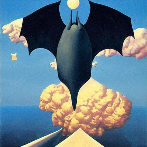 Prompt: ! dream a giant bat over ocean floor, art by rene magritte - francois schuiten - ralph mc quarrie - jean giraud