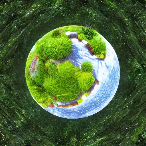 Image similar to Miniature planet with nature, 4K render, tilt shift, depth of field