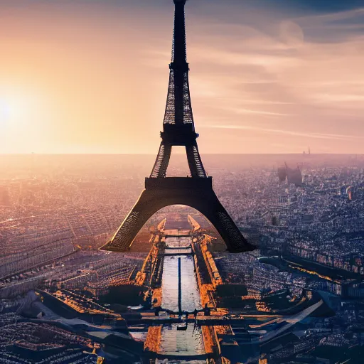 Prompt: futuristic eiffel tower on a space station, golden hour, photography, award - winning, hyper detailed, 4 k, smooth, sharp focus, trending