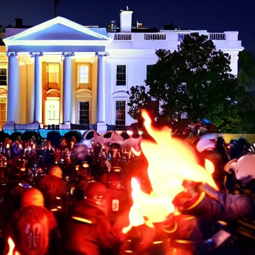 Prompt: a still of hundreds of ewoks rioting in front of a the white house in washington.!!!, flaming torches and pitchforks