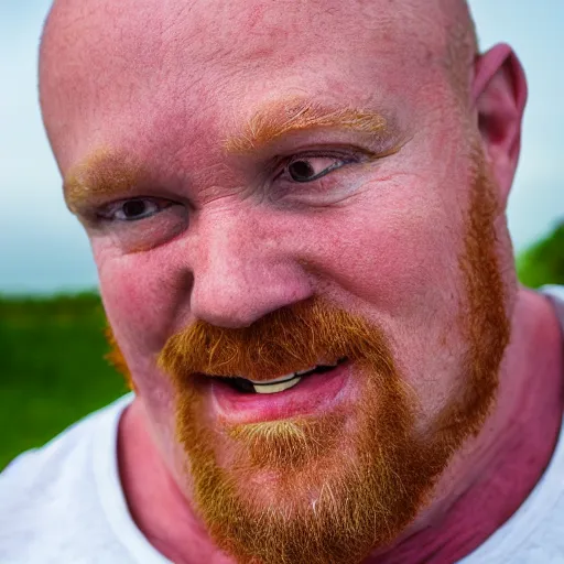 Prompt: 3 / 4 upper body photo of a 5 0 year old ginger men with crooked teeth, balding, overweight, 8 5 mm, f / 1. 3