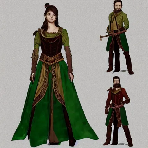 Image similar to western fantasy bard style costume design, green tone