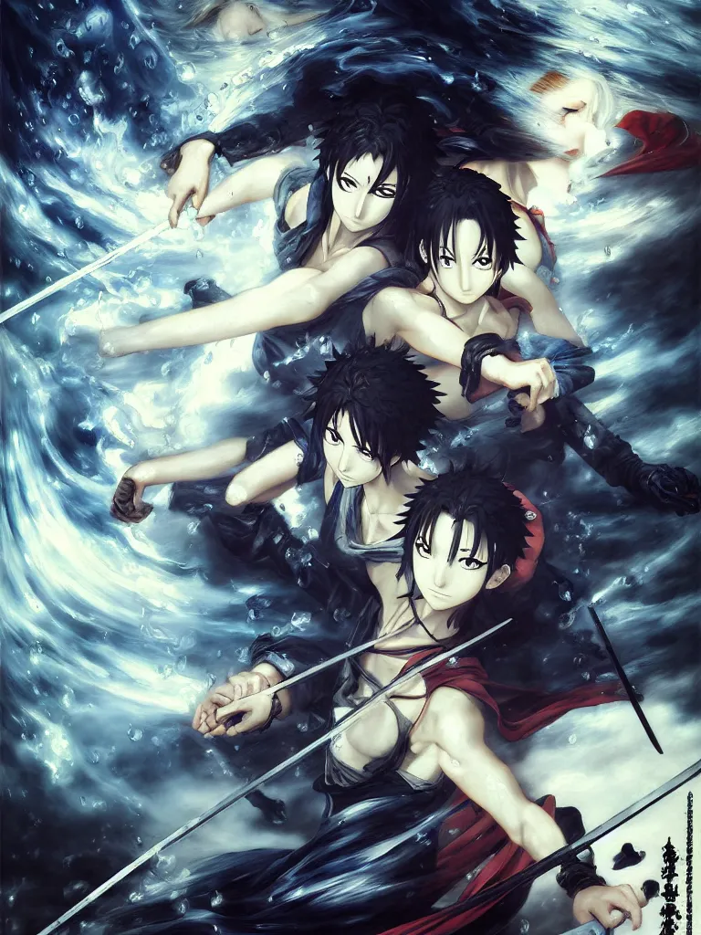 Image similar to baroque oil painting of key visual kunoichi fight, rain, brutalist fantasy, style of makoto shinkai takashi takeuchi yoshiyuki sadamoto, fate stay night