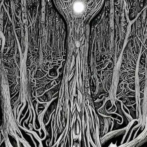 Image similar to horror nightmare psychedelic art illusionary art of forest made of only creepy eyes everywhere schizophrenic visions haunting scary horrifying terrifying anthropomorphic trees bio organic forests james gurney greg rutowski yoji shinkawa apophasis shintaro kago junji ito esoteric hypnogogic ethereal ethereality