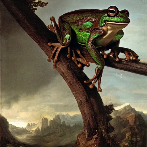 Prompt: a happy frog by Ansel Adams and Bernardo Bellotto, oil on canvas, artstation, dramatic scenery, masterpiece, aesthetic