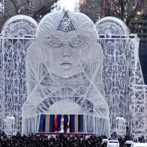 Image similar to photograph of the 2 0 foot high elaborate occult masonic illuminati ice sculpture from lady gaga's presidential funeral