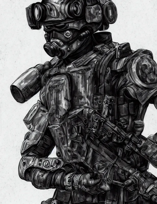 Prompt: a detailed manga portrait of a masked special forces soldier wearing dark advanced cyborg tactical gear, trending on artstation, digital art, 4 k resolution, detailed, high quality, sharp focus, hq artwork, coherent, insane detail, character portrait
