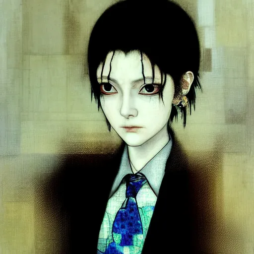 Image similar to yoshitaka amano blurred and dreamy realistic three quarter angle horror portrait of a sinister young woman with short hair, big earrings and white eyes wearing office suit with tie, black and white junji ito abstract patterns in the background, satoshi kon anime, noisy film grain effect, highly detailed, renaissance oil painting, weird portrait angle, blurred lost edges