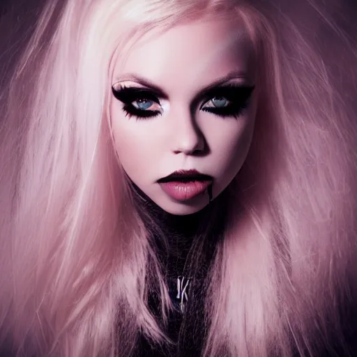 Image similar to modeling photograph kerli koiv, blonde, femme fatale, beautiful, dark, mysterious, bubble goth makeup, detailed flawless face, dramatic darkroom lighting high exposure, head and shoulders 8 0 mm camara