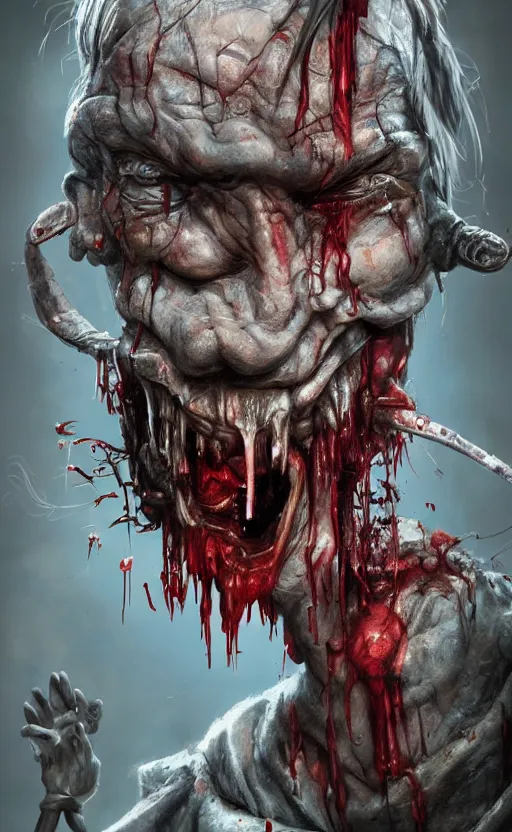 Image similar to photorealistic fantasy concept art of pinocchio as a monster, with bloody dripping down his face and mouth, dynamic lighting, cinematic, ultra detailed, stunning visuals, creative, trending on art station