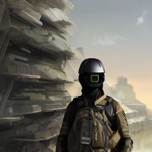 Image similar to futuristic insurgent wearing black helmet glossy visor, brown cloak, technical vest, and a backpack, photorealistic, digital art