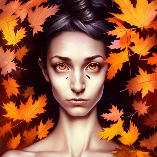 Prompt: beautiful stella maeve magician, in the style of peter mohrbacher, artgerm, tom bagshaw, realistic character concept, bird's eye overhead shot, elegant pose, spooky, illustration, symmetrical face and body, volumetric lighting, detailed realistic symmetrical eyes, 8 k, single face, insanely detailed and intricate elegant, autumn leaves