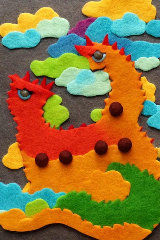 Prompt: felt dragon attacking a clay town, colorful, vibrant