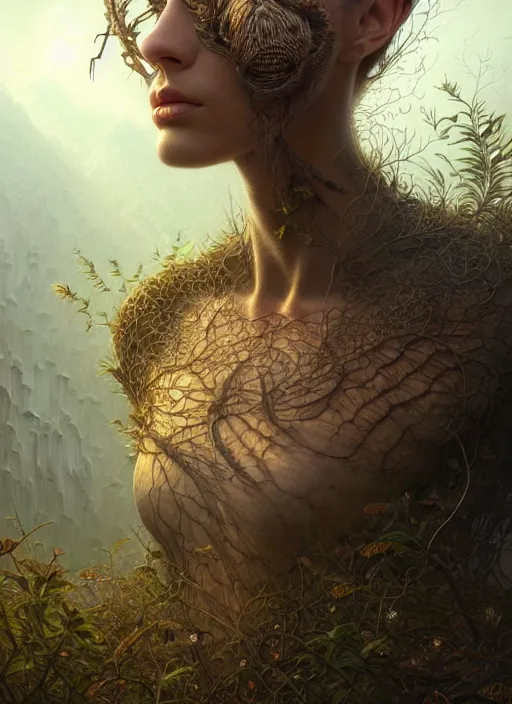Image similar to closeup portrait shot of a connection with nature in a scenic dystopian environment, intricate, elegant, highly detailed, centered, digital painting, artstation, concept art, smooth, sharp focus, illustration, artgerm, tomasz alen kopera, peter mohrbacher, donato giancola, joseph christian leyendecker, wlop, boris vallejo