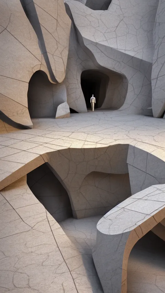 Image similar to the inside of a stone marble sculpture monument by arthur haas and bruce pennington and john schoenherr, architecture by zaha hadid, octane render, warm colour scheme, white, cinematic, scenery, high detail, high quality, close up angle, people walking