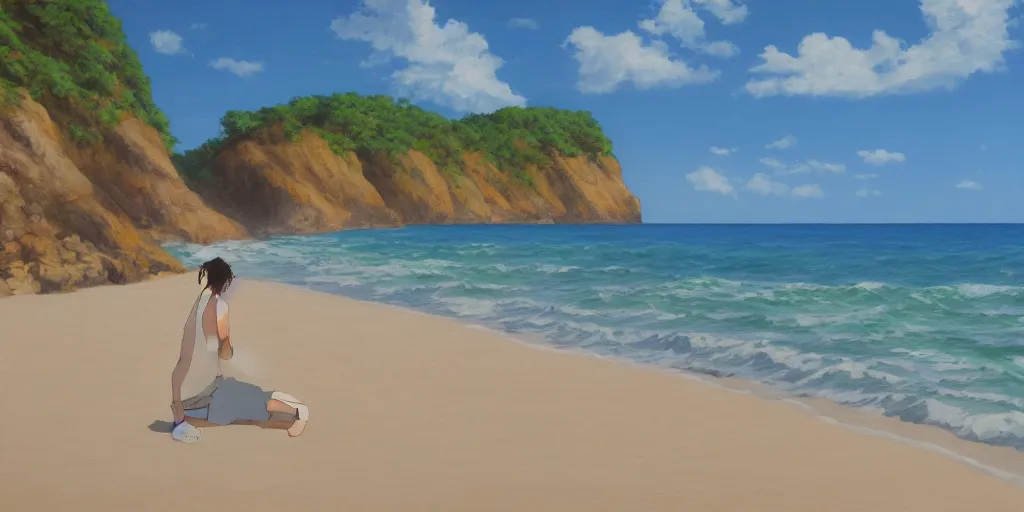 Image similar to a beach, studio Ghibli, cinematic lighting, detailed oil painting, hyperrealistic, 8k