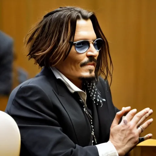 Image similar to Johnny Depp happy in courtroom , ultra Realistic 8k