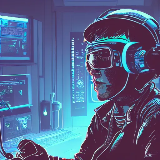 Image similar to in the style of max prentis and deathburger and laurie greasley a beautiful close up of a young explorer wearing a cyberpunk headpiece playing video games in his treehouse, highly detailed, 8 k wallpaper