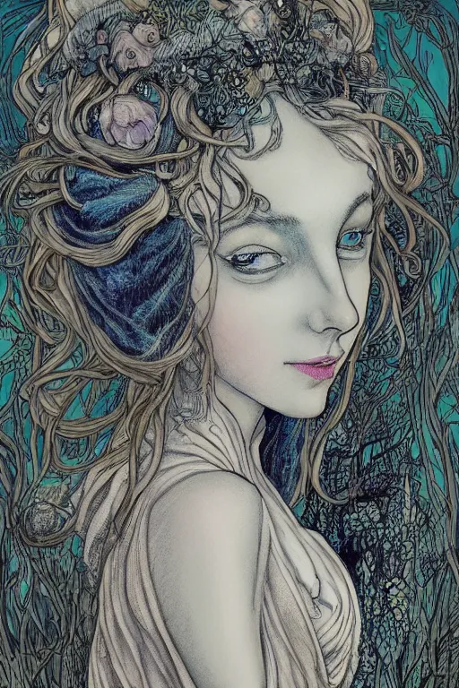 Image similar to portrait of beautiful gazellefolk princess, in the style of Greg Broadmore and Arthur Rackham,trending on artstation, light lighting side view,digital art,surrealism ,macro,blueprint ,vaporwave ,