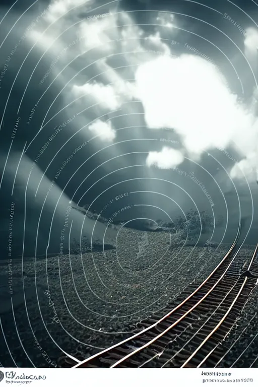 Image similar to shiny metal train track through clouds, award winning cinematic still