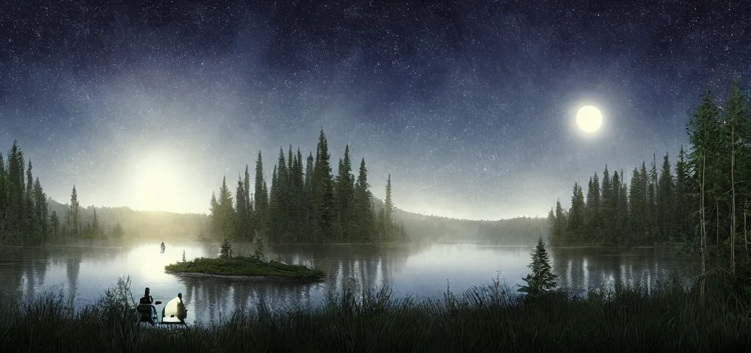 Image similar to full moon shining over a lake, forest in the background, starry night, dynamic glowing lighting, volumetric, bokeh, cinematic, establishing shot, extremly high detail, photo realistic, cinematic lighting, post processed, concept art, artstation, matte painting, style by eddie mendoza, raphael lacoste, alex ross