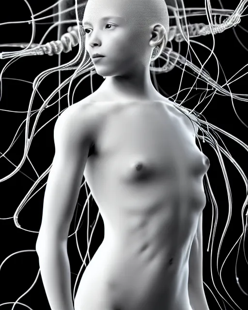 Image similar to black and white young cyborg-human-jellyfish-plant goddess high quality photo, microchip, artificial intelligence, bio-mechanical bio-luminescence, black wired cables, neurons, nerve cells, octane render, cinematic, rim light, hyper realism, photo-realistic, high detail, 8k, masterpiece, high fashion, in the style of Steven Meisel and Dora Maar and H.G. Giger