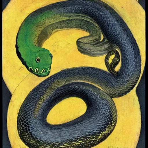 Image similar to A beautiful collage of a snake eating its own tail that seems to go on forever. electric color by Kurt Schwitters, by Henry Ossawa Tanner