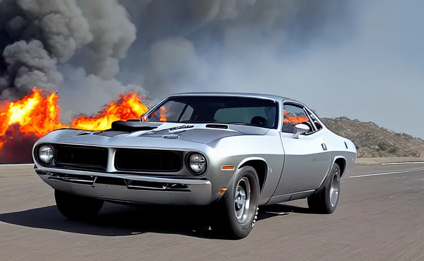 Image similar to a silver 1 9 7 0 plymouth ‘ cuda hemi super track pack driving on a freeway. fire explosion in the background, action scen. realistic. high resolution. dramatic