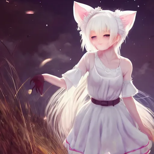 Prompt: realistic beautiful gorgeous natural cute young teenager girl white hair cute white cat ears in maid dress outfit golden eyes artwork drawn full HD 4K highest quality in artstyle by professional artists WLOP, Taejune Kim, Guweiz, ArtGerm on Artstation Pixiv