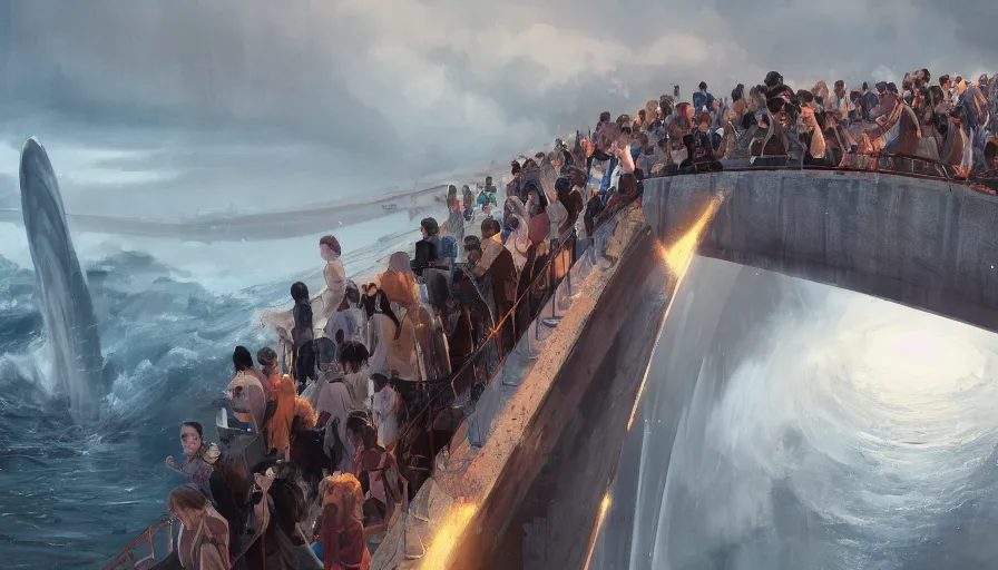 Image similar to people on a bridge watching tsunami coming to them, hyperdetailed, artstation, cgsociety, 8 k