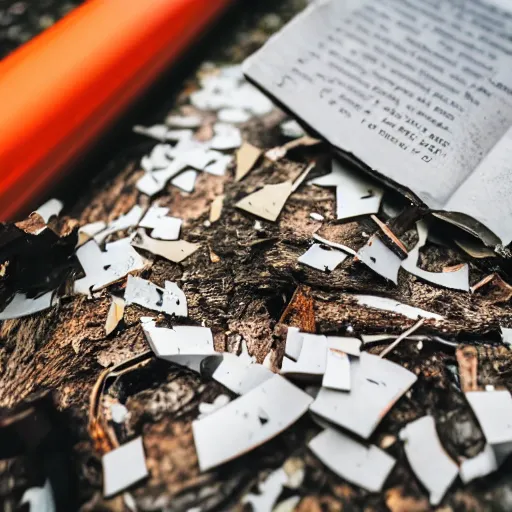 Prompt: book ripped up by a chainsaw, pieces flying everywhere, close up, dslr photo