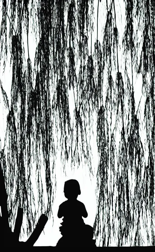 Prompt: silhouette of little girl sitting on a weeping willow tree, book cover