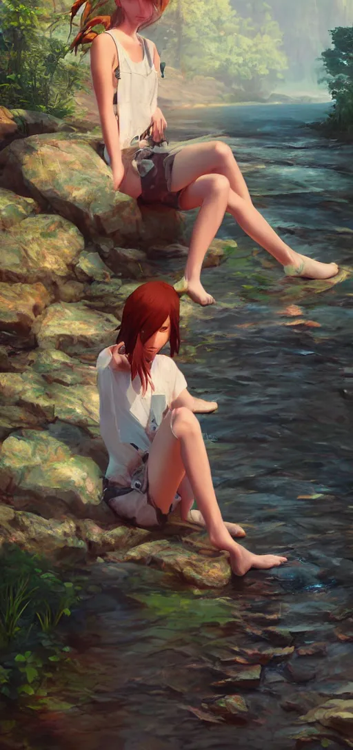 Prompt: southern ginger woman in ripped overalls sitting beside a river, airbrushed, hazy, gentle, soft lighting, wojtek fus, by makoto shinkai and ilya kuvshinov,