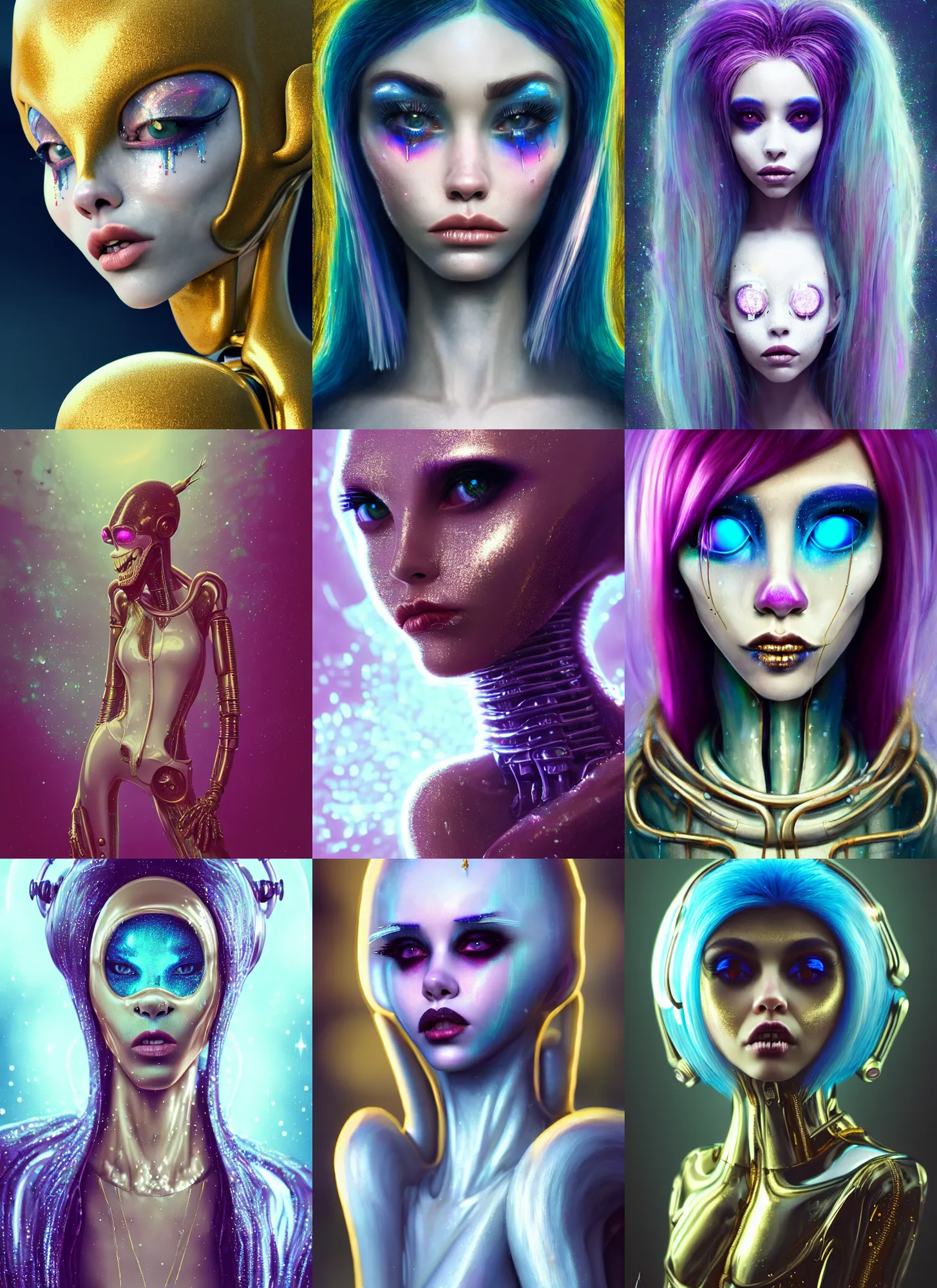Prompt: disney 8 k photo, lush glassy resplendent pearlescent ivory chained emo clowncore alien cyborg madison beer, fashion art, ( golden ratio ), arctic, sci fi, fantasy, cyberpunk, intricate, decadent, highly detailed, digital painting, octane render, artstation, concept art, smooth, sharp focus, illustration, art by loish, wlop