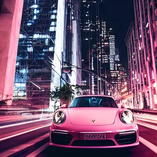 Prompt: porsche in front of skyscraper in the streets of new york city at night, vanishing point, short exposure, rose pink lighting, atmospheric, award winning photo